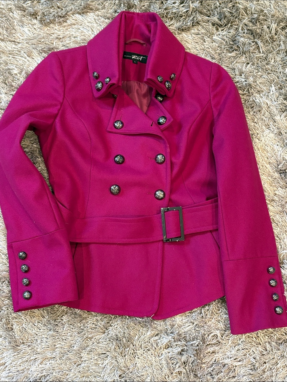 Black Rivet Fuchsia Berry Double-Breasted Belted Pea Coat Size Large